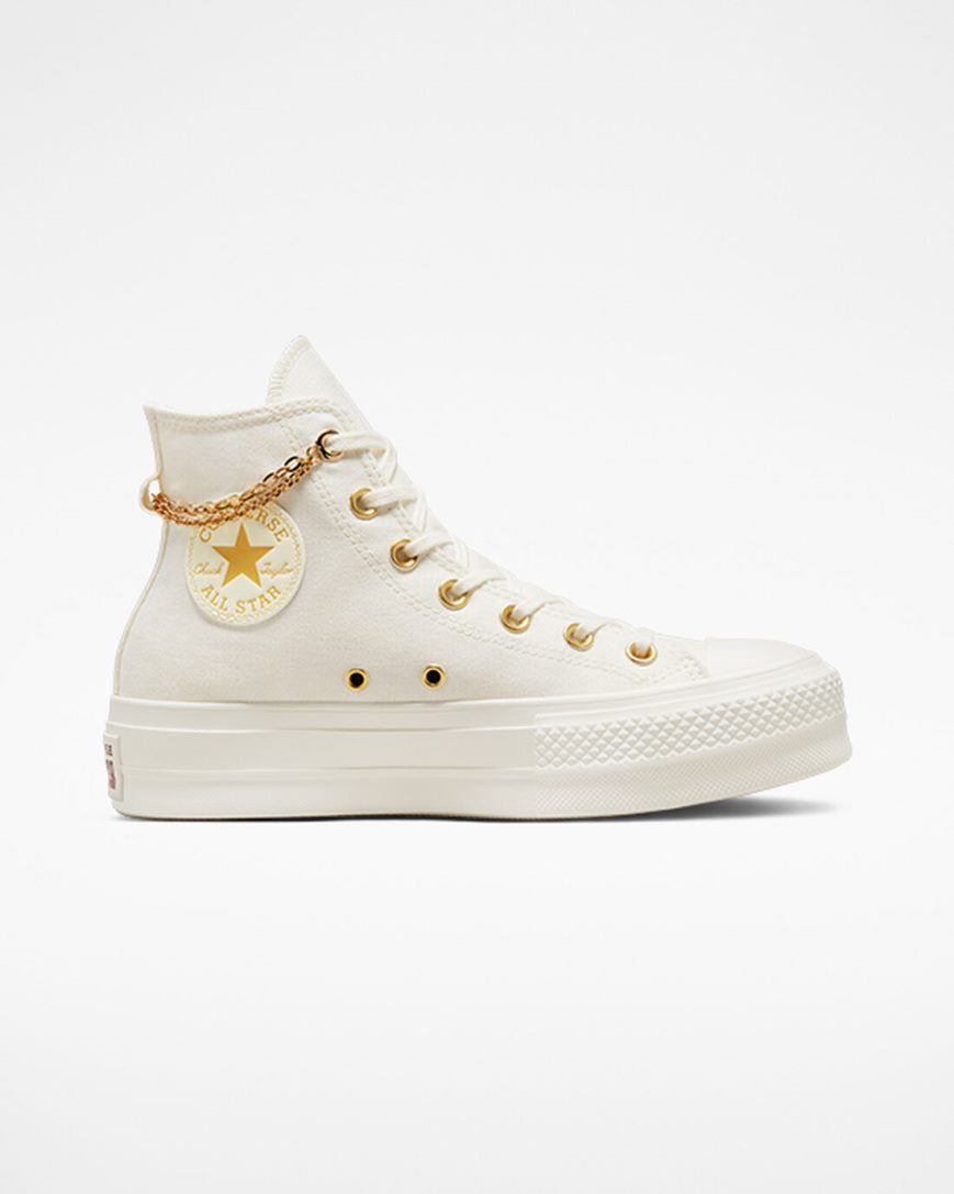 Pantofi Platforma Dama Converse Chuck Taylor All Star Lift Gold Chain Inalti Bej Galbeni | RO U13PAC482